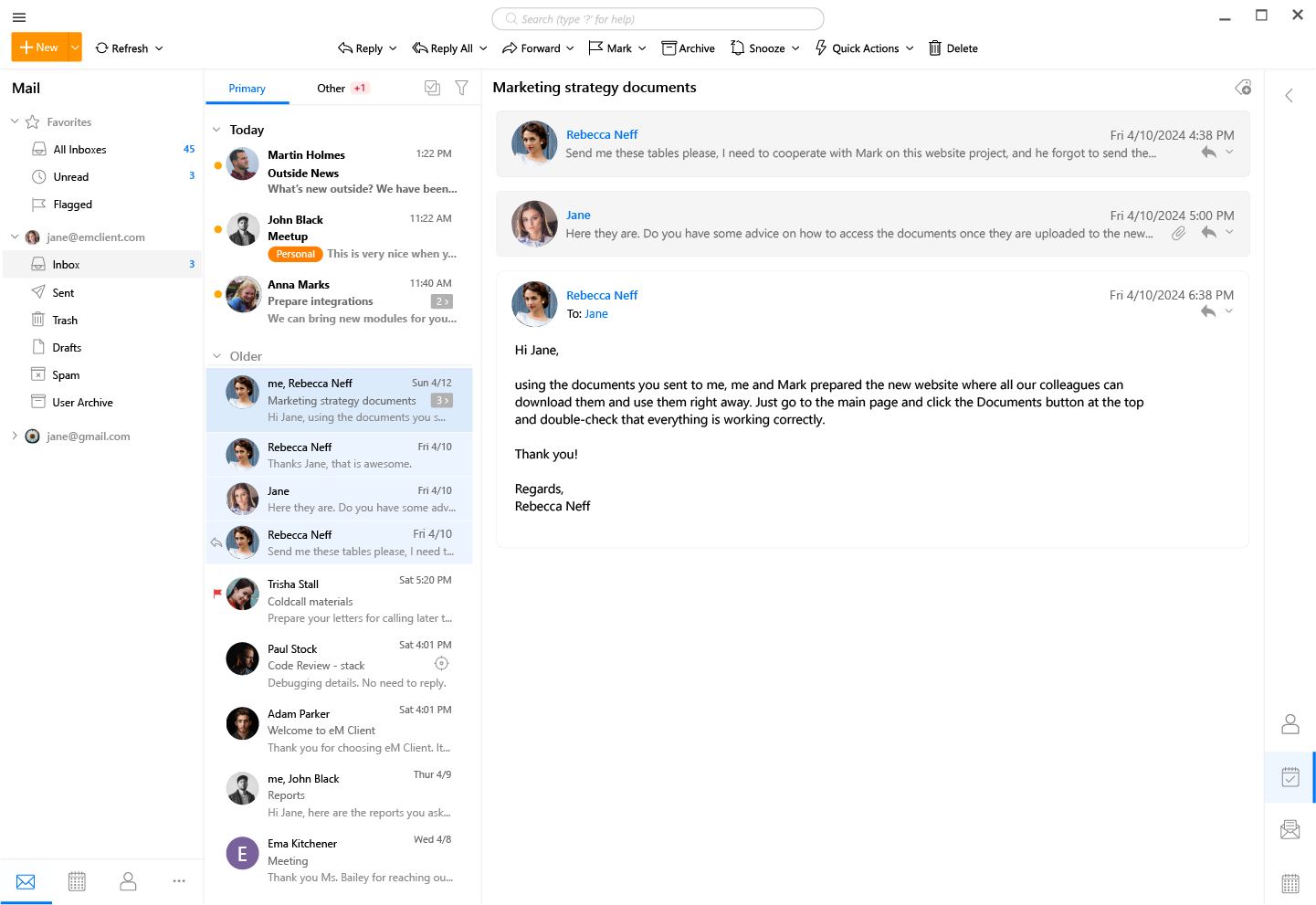 eM Client 받은편지함 화면